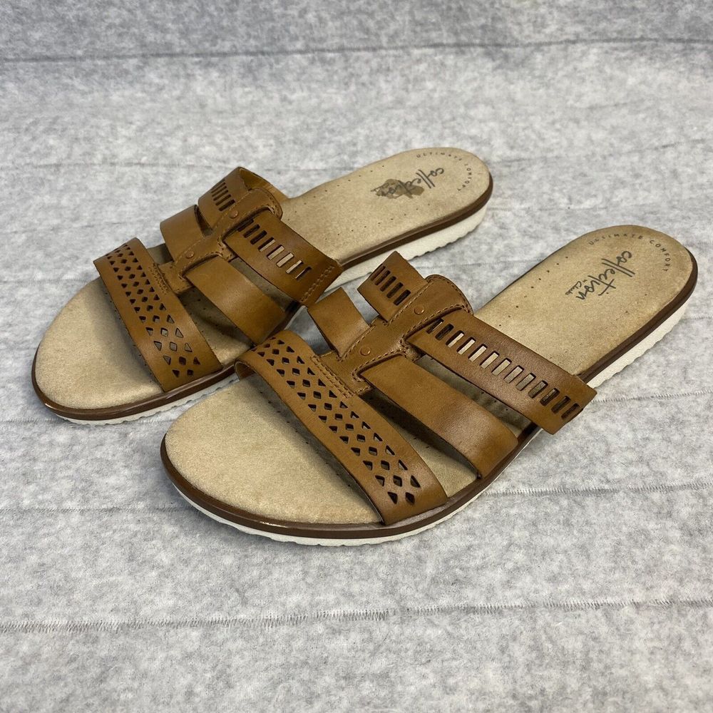 Clarks Collection Ultimate Comfort Tan Laser Cut Triple Strap Slide Sandals 8M